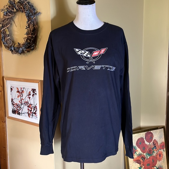 Vintage CORVETTE Size Large Race-Flags Logo Graphic Cotton Longsleeve TeeShirt - Picture 1 of 13